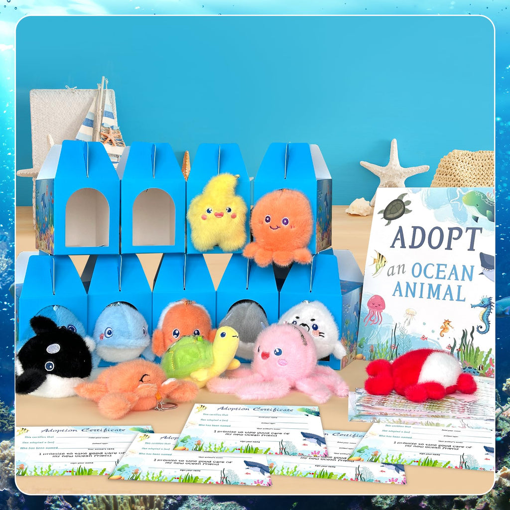 Gaiaring 38 Pcs Adopt-A-Sea Animal Party Favors – Mini Plush Sea Animals, Boxes, Adoption Cards & Signboard