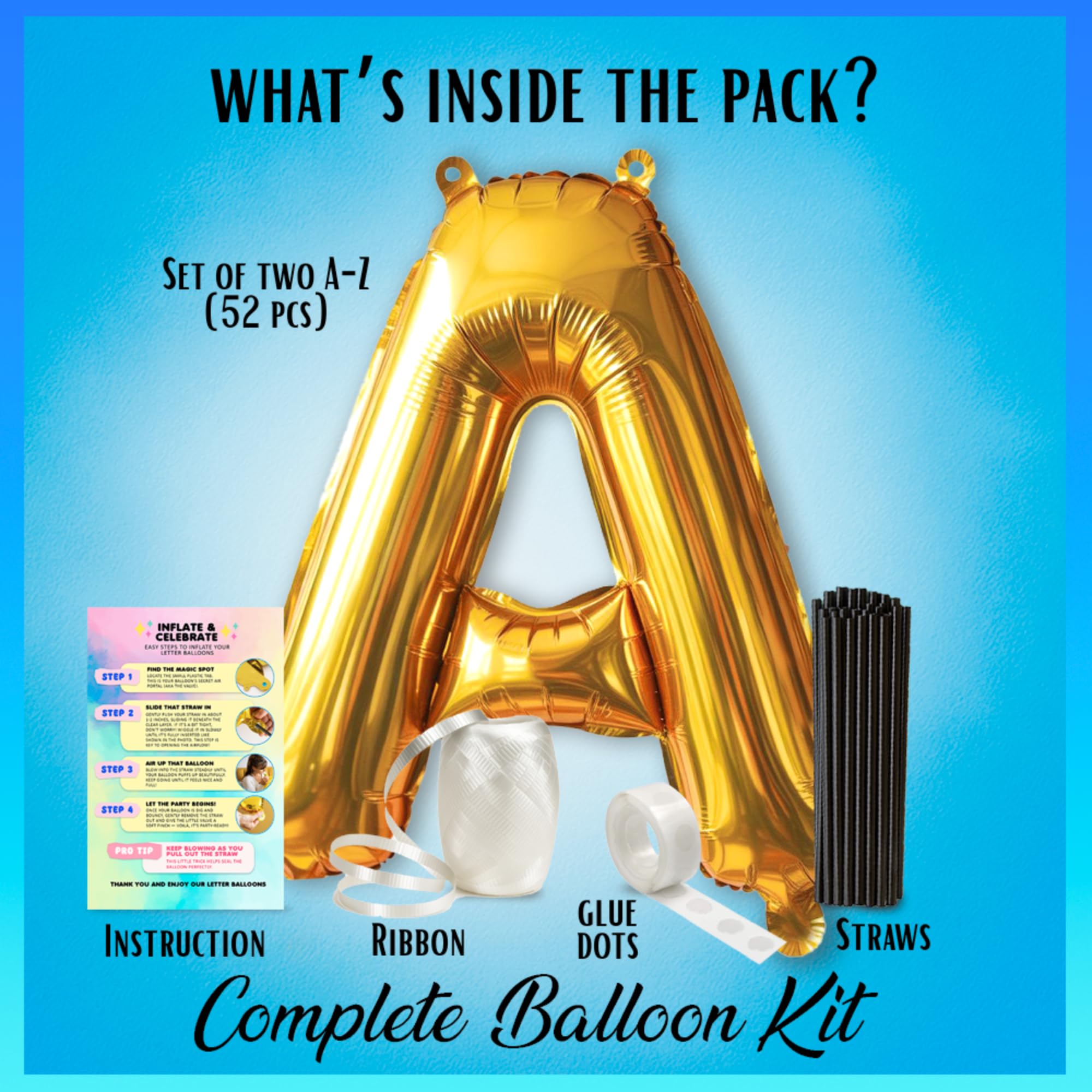Gala Supplies 52Pcs Gold Letter Balloons – 16-Inch Foil Alphabet Set for Custom Names, Banners & Occasions