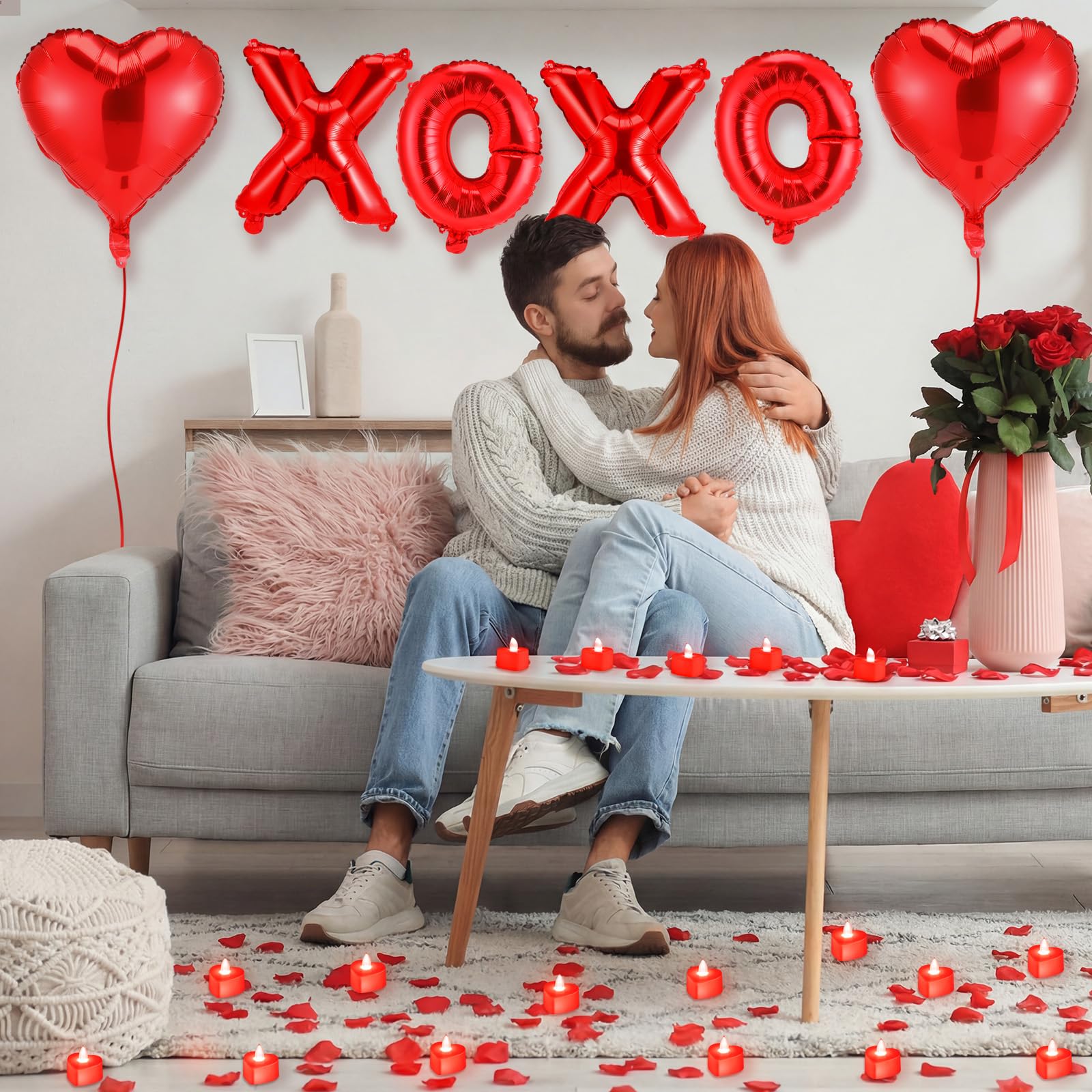 Ganeen Red Valentine Balloons Kit – XOXO Letters, 18 Inch Heart Balloons, 24 LED Candles, 2000 Petals