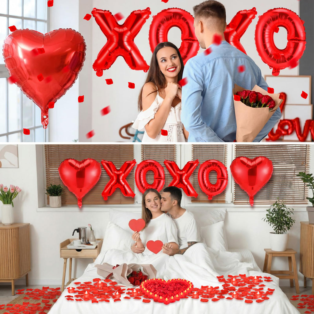 Ganeen Red Valentine Balloons Kit – XOXO Letters, 18 Inch Heart Balloons, 24 LED Candles, 2000 Petals