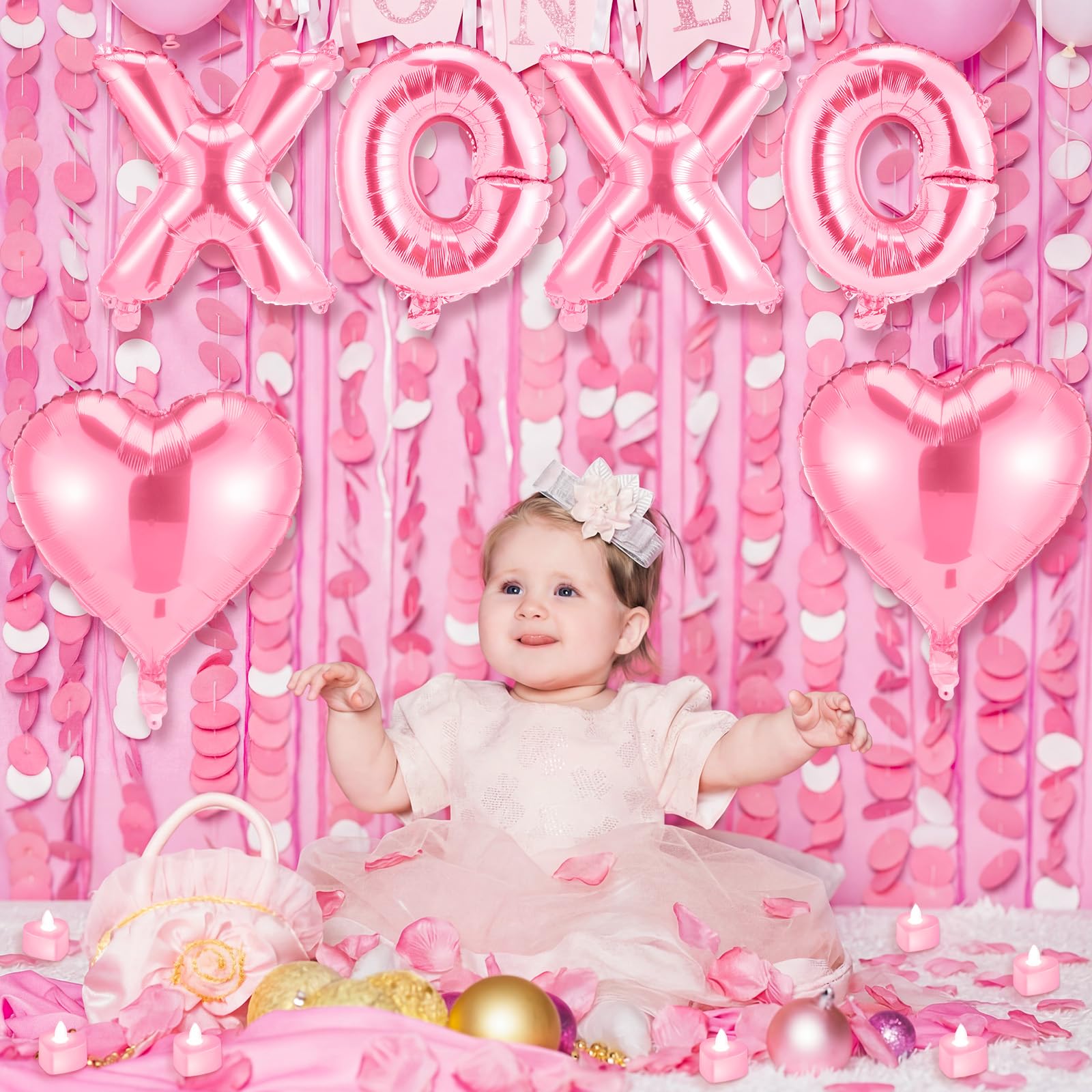 Ganeen Pink Valentine Balloons Kit - XOXO Letters, Heart Balloons, LED Candles & Rose Petals