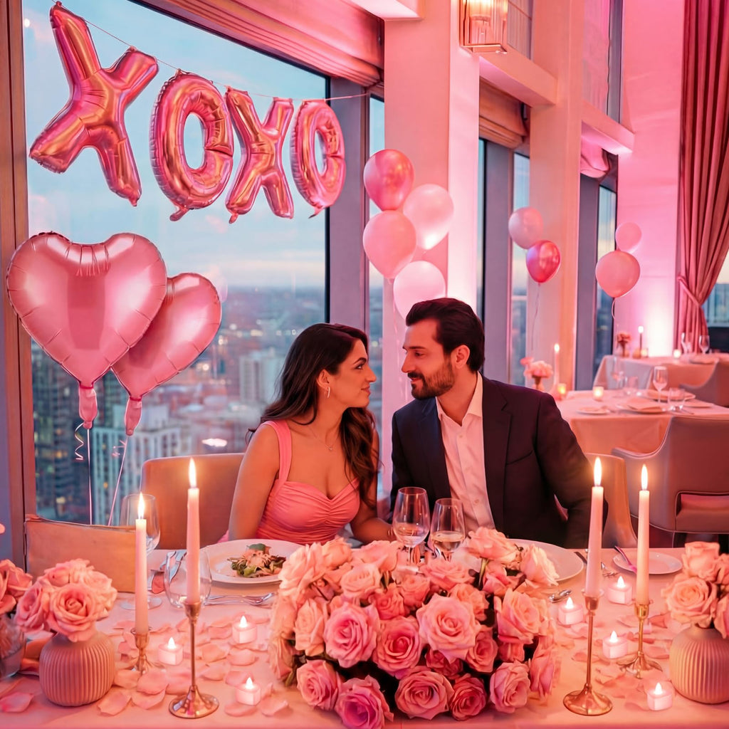 Ganeen Pink Valentine Balloons Kit - XOXO Letters, Heart Balloons, LED Candles & Rose Petals