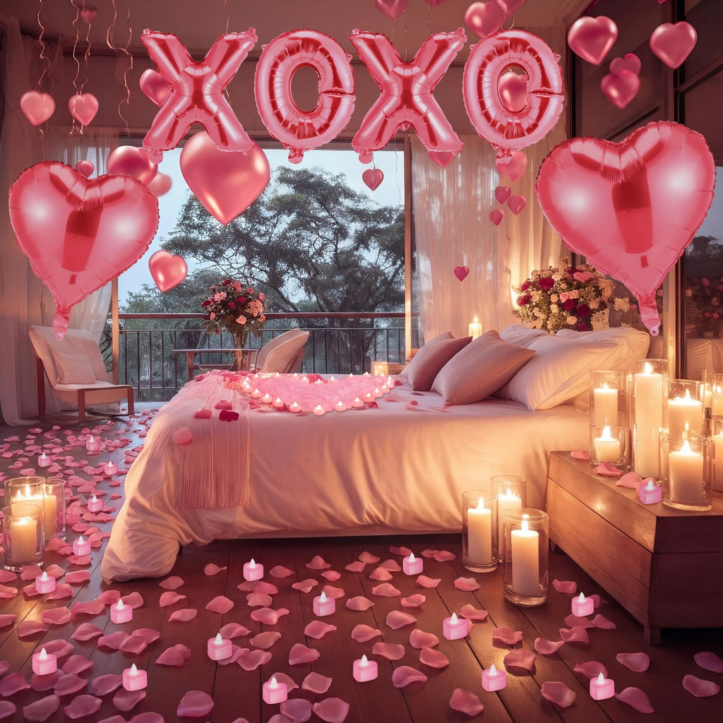 Ganeen Pink Valentine Balloons Kit - XOXO Letters, Heart Balloons, LED Candles & Rose Petals
