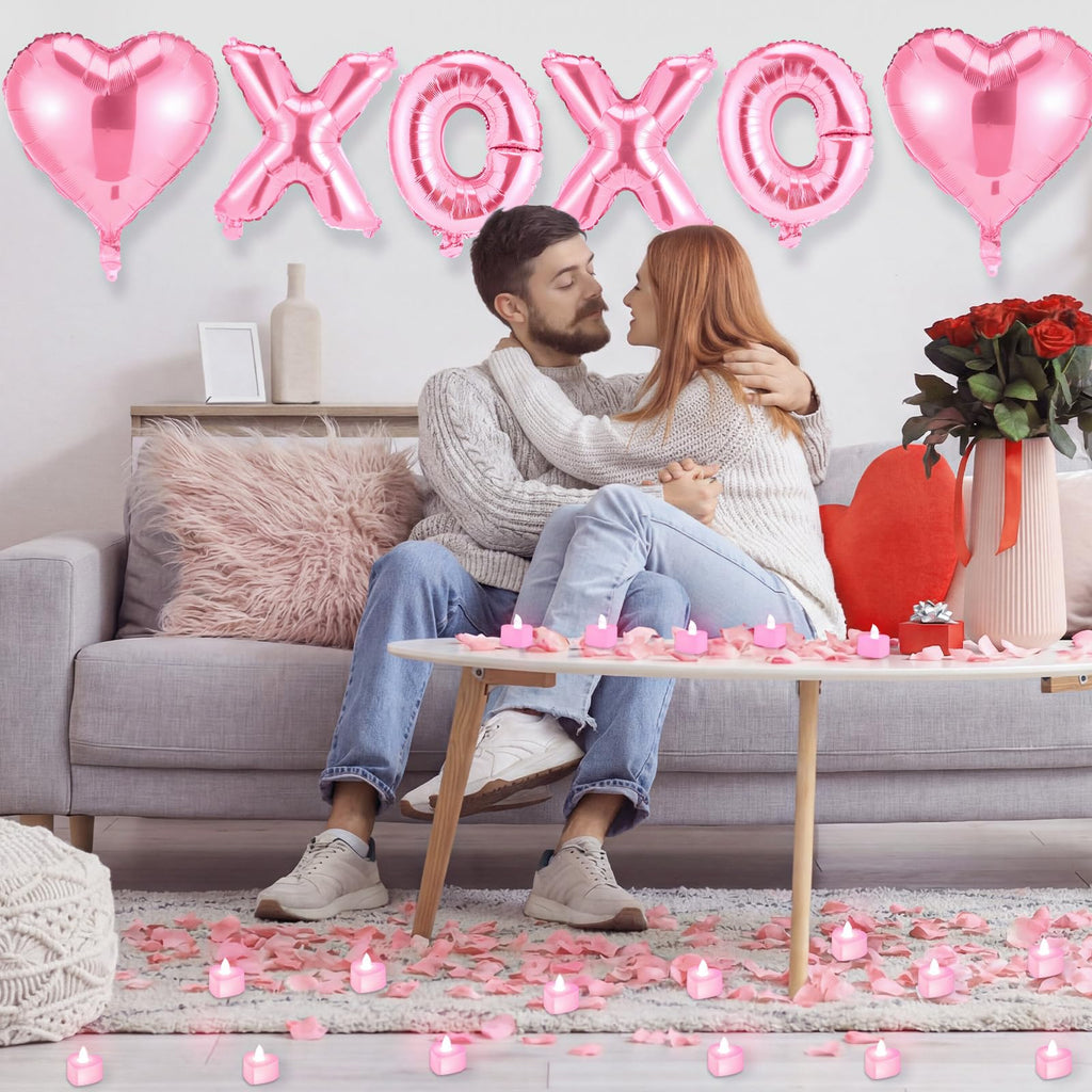 Ganeen Pink Valentine Balloons Kit - XOXO Letters, Heart Balloons, LED Candles & Rose Petals