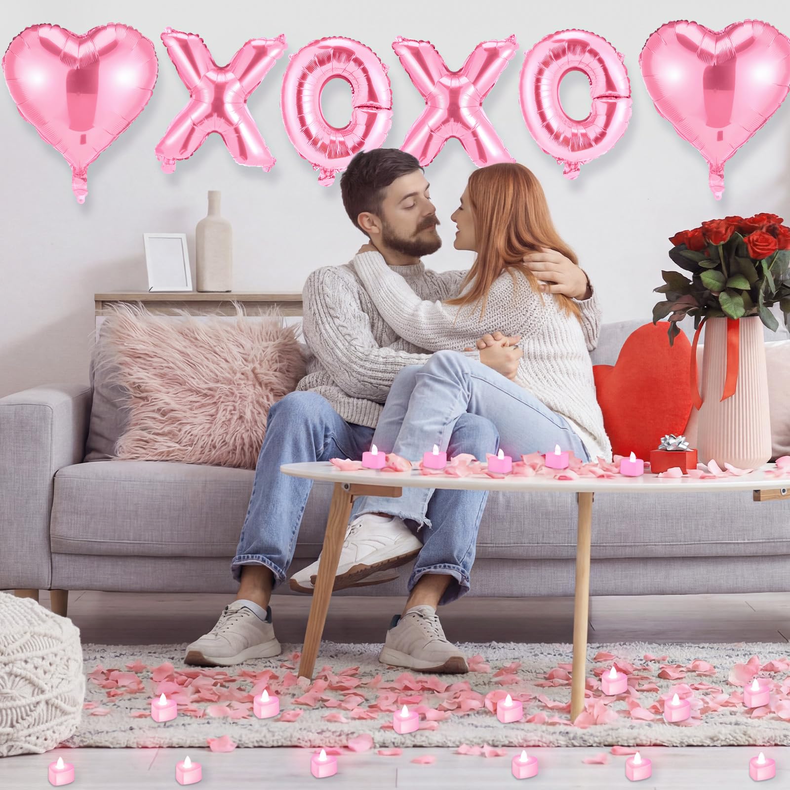 Ganeen Pink Valentine Balloons Kit - XOXO Letters, Heart Balloons, LED Candles & Rose Petals