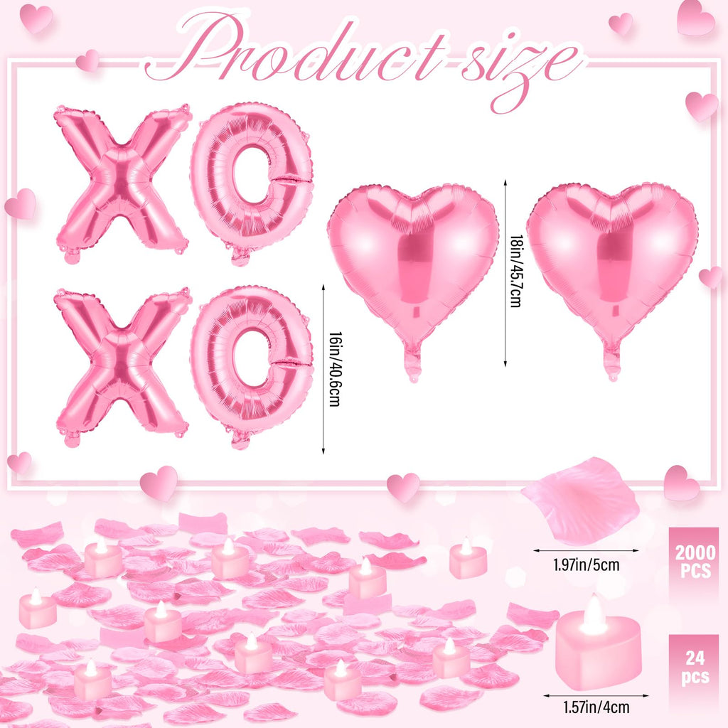 Ganeen Pink Valentine Balloons Kit - XOXO Letters, Heart Balloons, LED Candles & Rose Petals