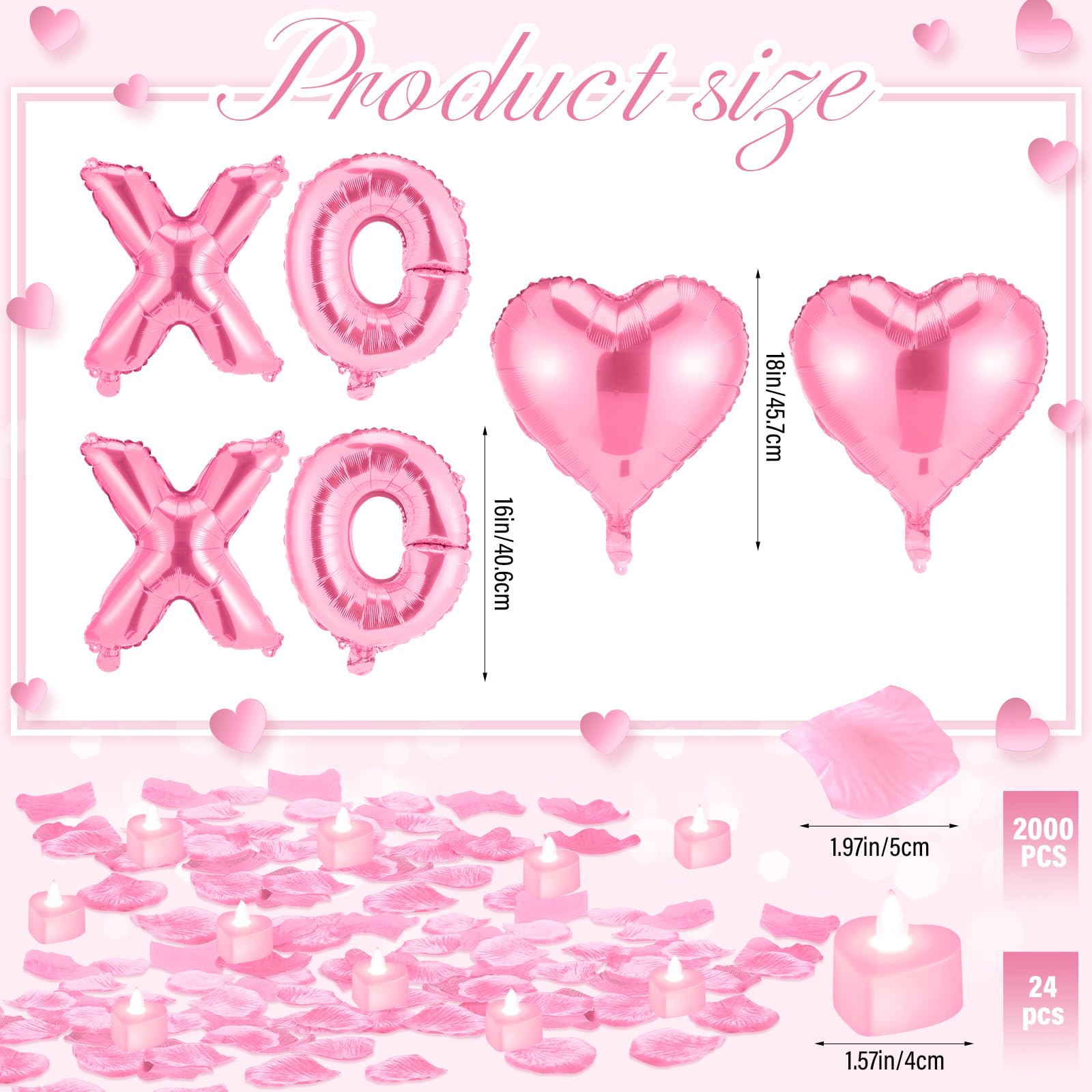 Ganeen Pink Valentine Balloons Kit - XOXO Letters, Heart Balloons, LED Candles & Rose Petals