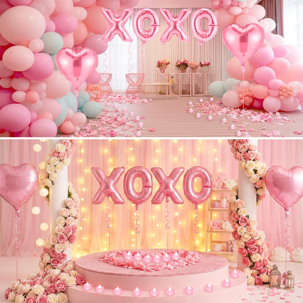 Ganeen Pink Valentine Balloons Kit - XOXO Letters, Heart Balloons, LED Candles & Rose Petals