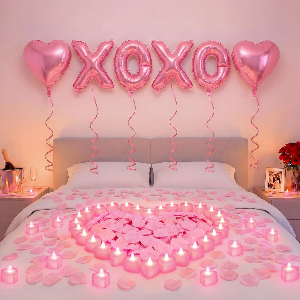 Ganeen Pink Valentine Balloons Kit - XOXO Letters, Heart Balloons, LED Candles & Rose Petals