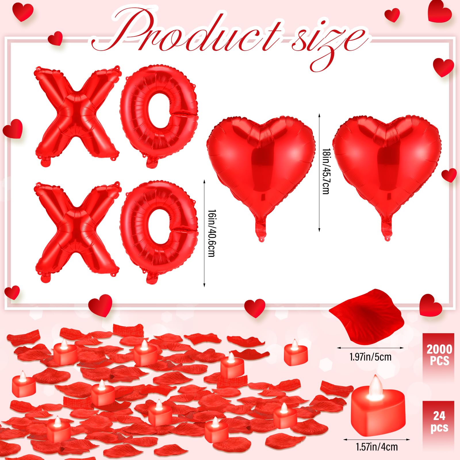 Ganeen Red Valentine Balloons Kit – XOXO Letters, 18 Inch Heart Balloons, 24 LED Candles, 2000 Petals