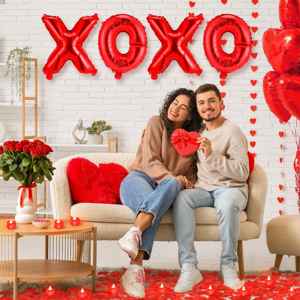 Ganeen Red Valentine Balloons Kit – XOXO Letters, 18 Inch Heart Balloons, 24 LED Candles, 2000 Petals