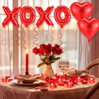 Ganeen Red Valentine Balloons Kit – XOXO Letters, 18 Inch Heart Balloons, 24 LED Candles, 2000 Petals