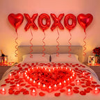 Ganeen Red Valentine Balloons Kit – XOXO Letters, 18 Inch Heart Balloons, 24 LED Candles, 2000 Petals