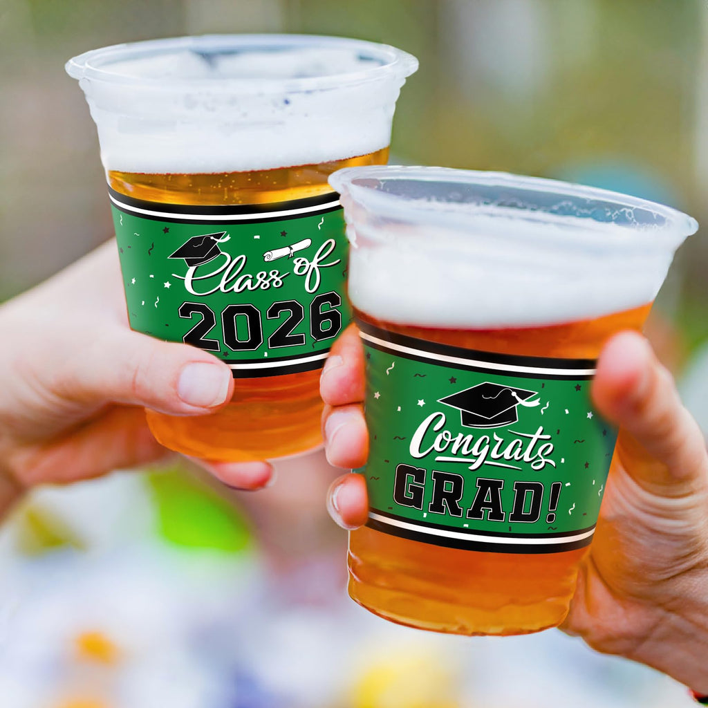 Gatherfun Class of 2026 Celebration - 100-Pack 16oz Green Graduation Plastic Cups for Graduation Party Supplies