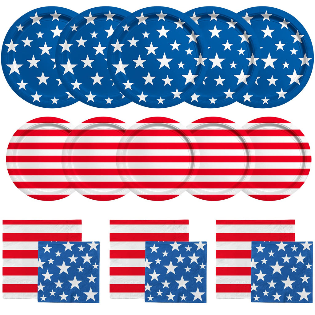 Gatherfun American Flag Patriotic Party Supplies – 50pc Disposable Dinner Plates, Dessert Plates, Napkins & Cocktail Napkins