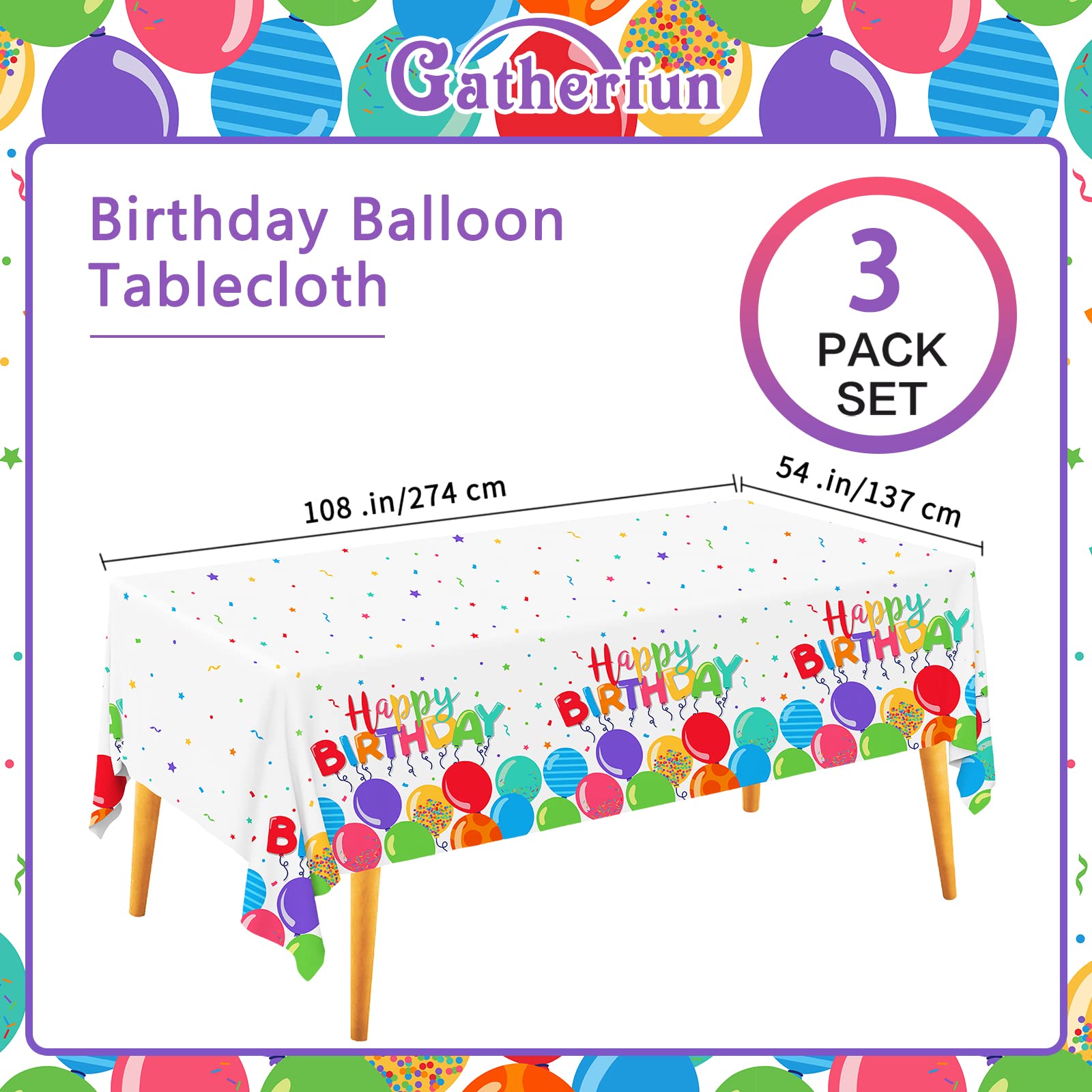 Gatherfun Birthday Disposable Tablecloth – 54x108 in, 3-Pack for Kid’s Party