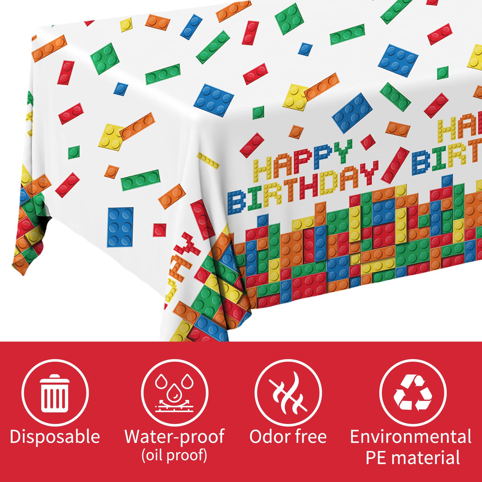 Gatherfun Building Block Tablecloth – 3-Pack, 54 x 108 in, Plastic Block-Themed Party Cover