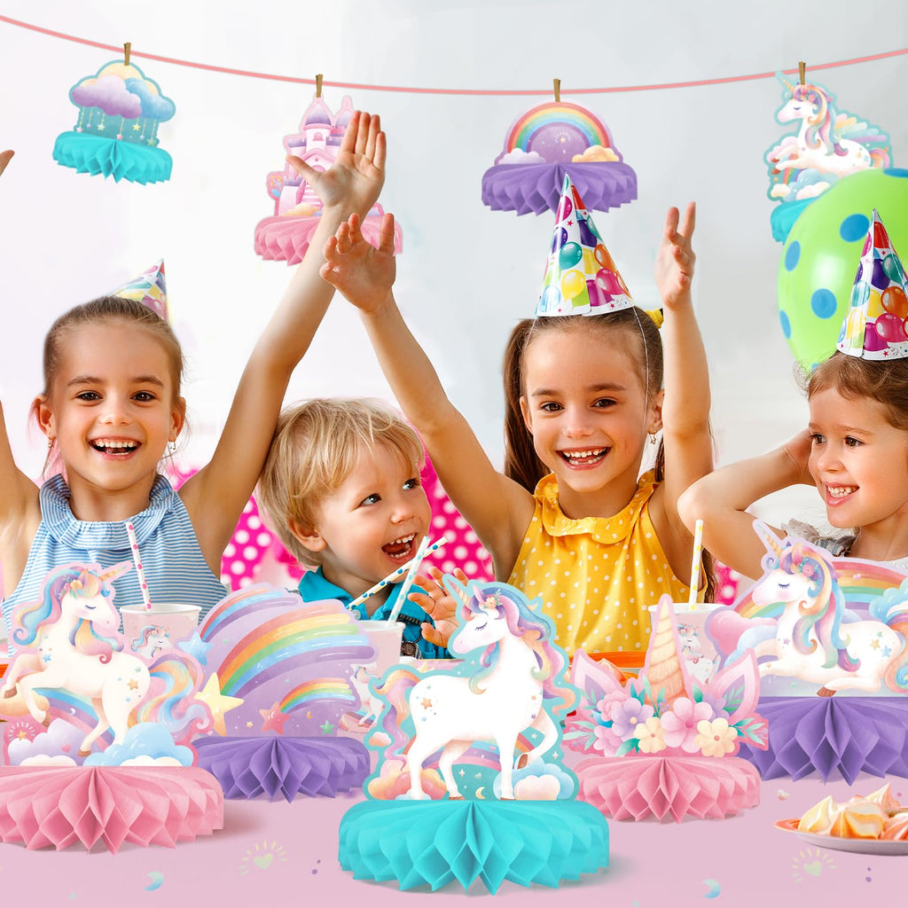 Gatherfun Unicorn Birthday Party Supplies Set — Rainbow Table Decorations with Honeycomb Centerpiece