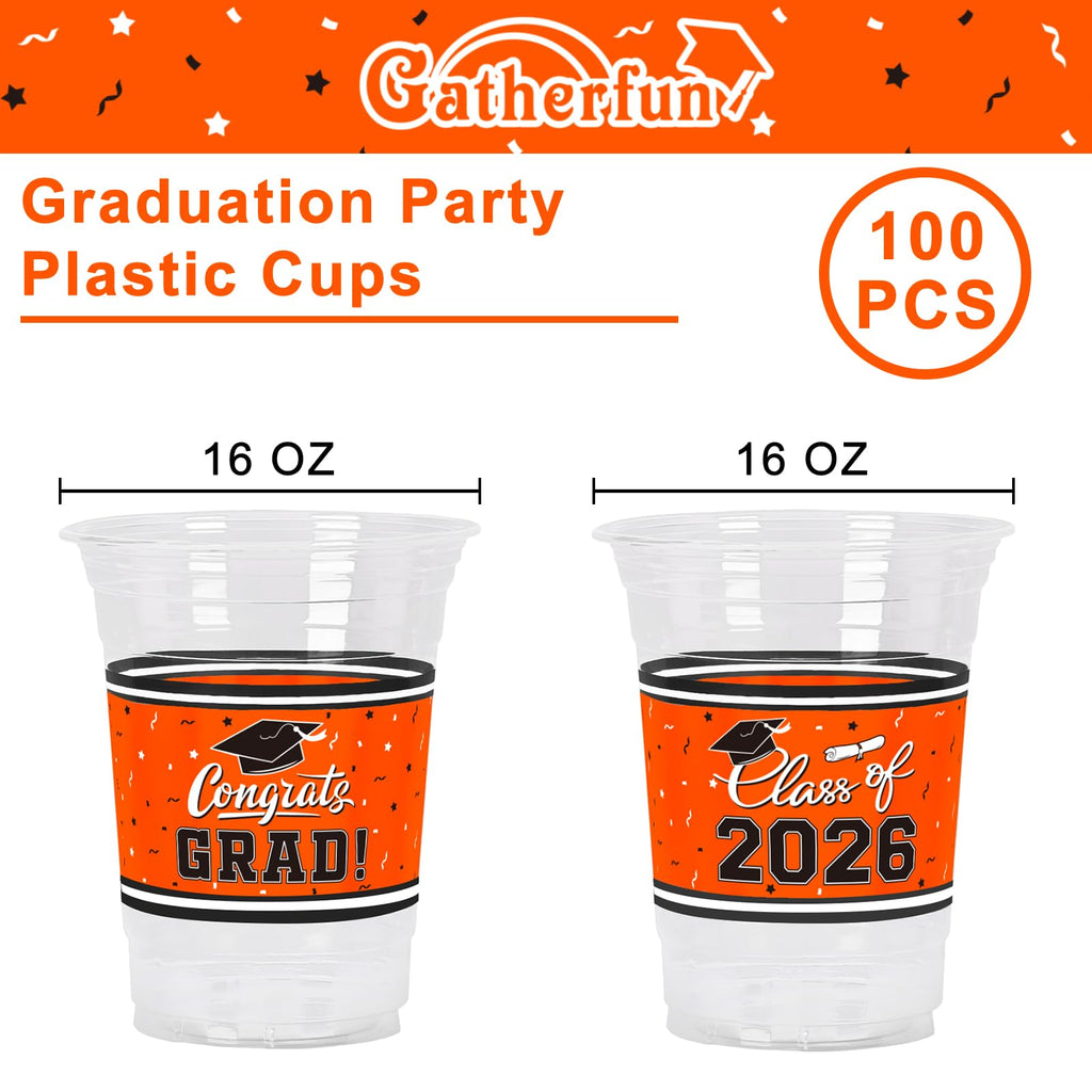 Gatherfun Class of 2026 Graduation Cups - 100 Pack, 16oz Orange Plastic Cups for Festive Party Service