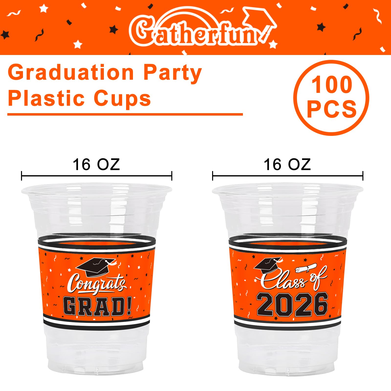 Gatherfun Class of 2026 Graduation Cups - 100 Pack, 16oz Orange Plastic Cups for Festive Party Service