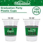 Gatherfun Class of 2026 Celebration - 100-Pack 16oz Green Graduation Plastic Cups for Graduation Party Supplies