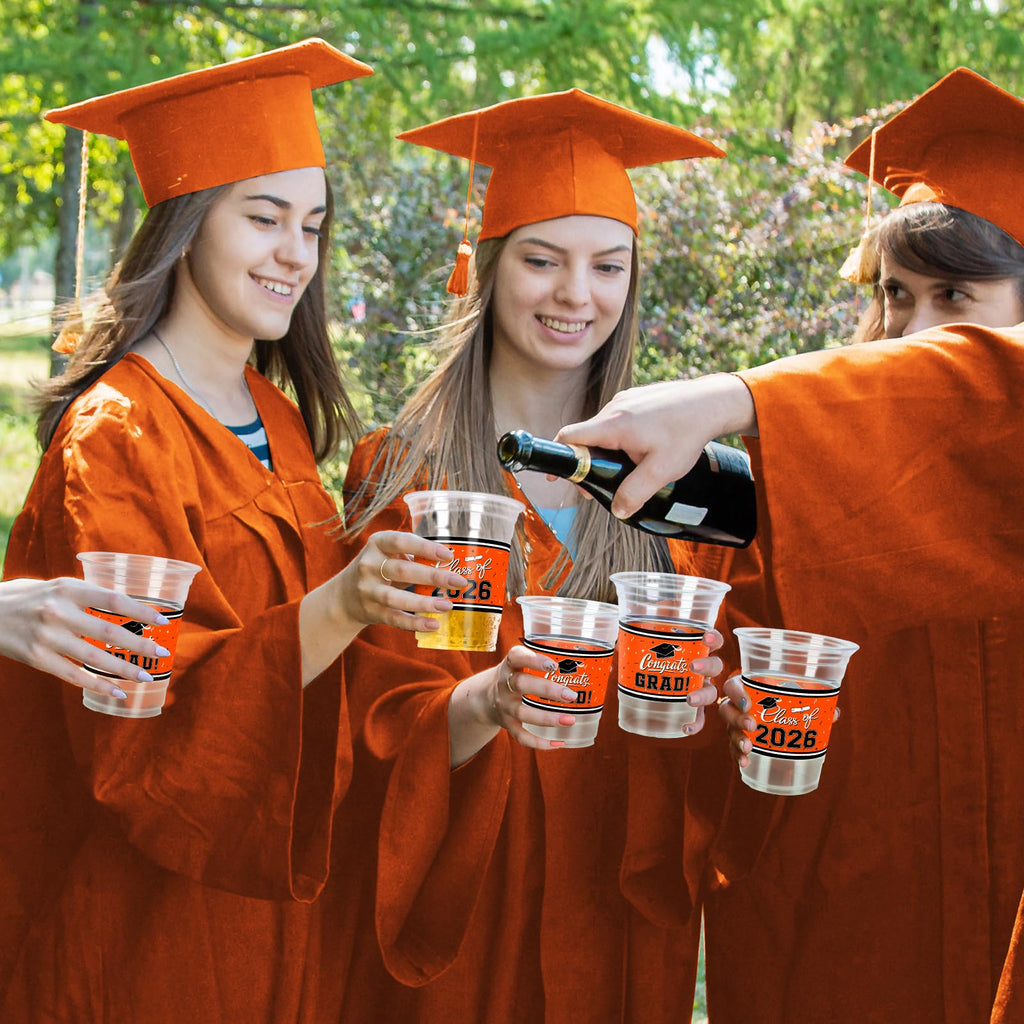 Gatherfun Class of 2026 Graduation Cups - 100 Pack, 16oz Orange Plastic Cups for Festive Party Service