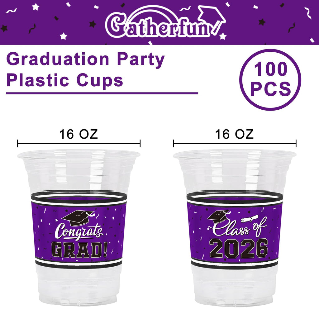 Gatherfun Class of 2026 Celebration – 100 Pcs 16oz Purple Graduation Plastic Cups