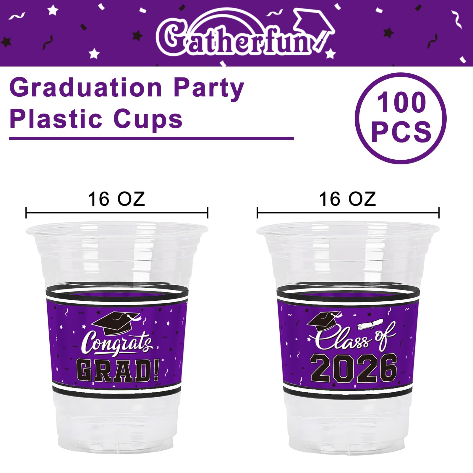 Gatherfun Class of 2026 Celebration – 100 Pcs 16oz Purple Graduation Plastic Cups