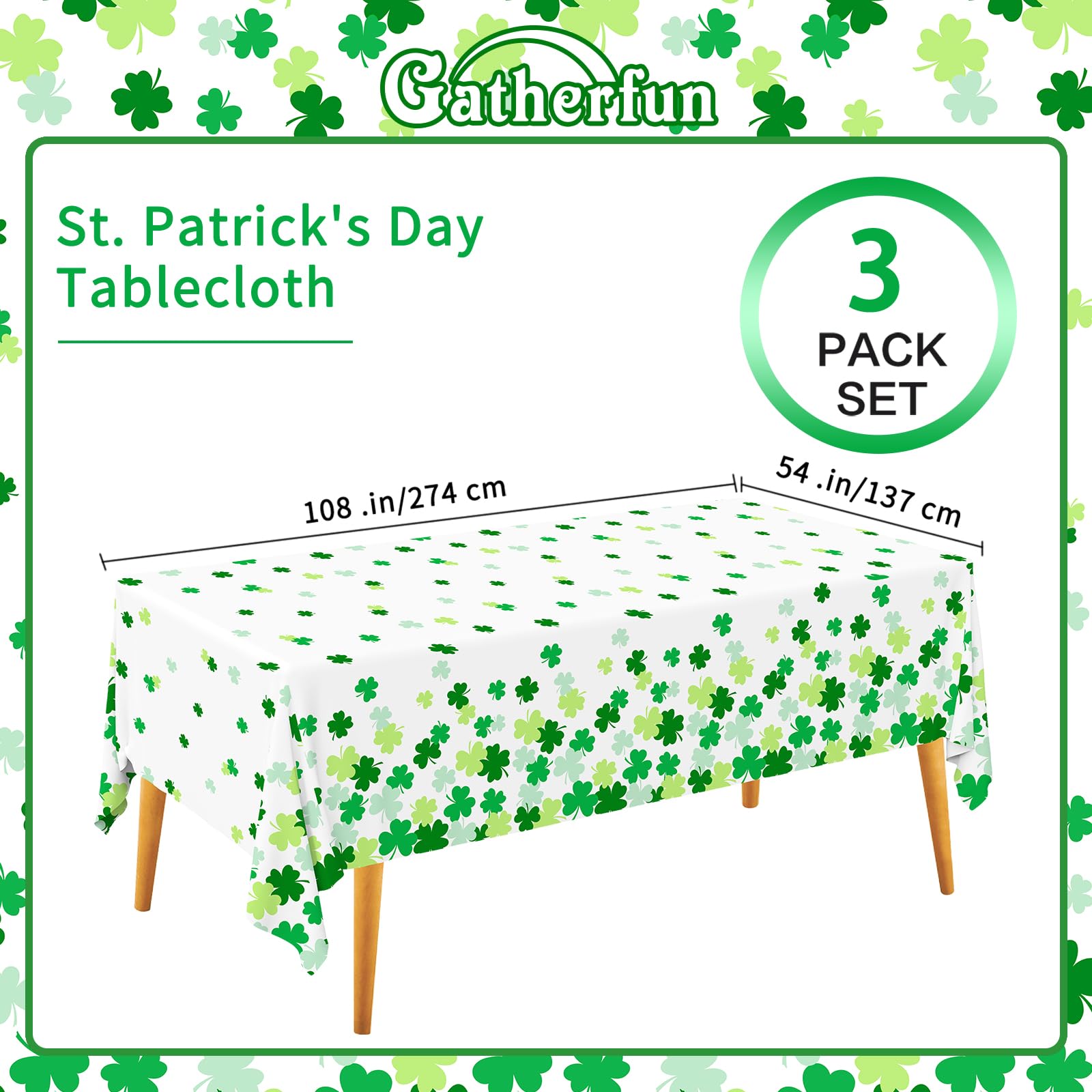 Gatherfun St. Patrick's Day Shamrock Tablecloths - 54x108 in Disposable Table Covers (3-Pack)