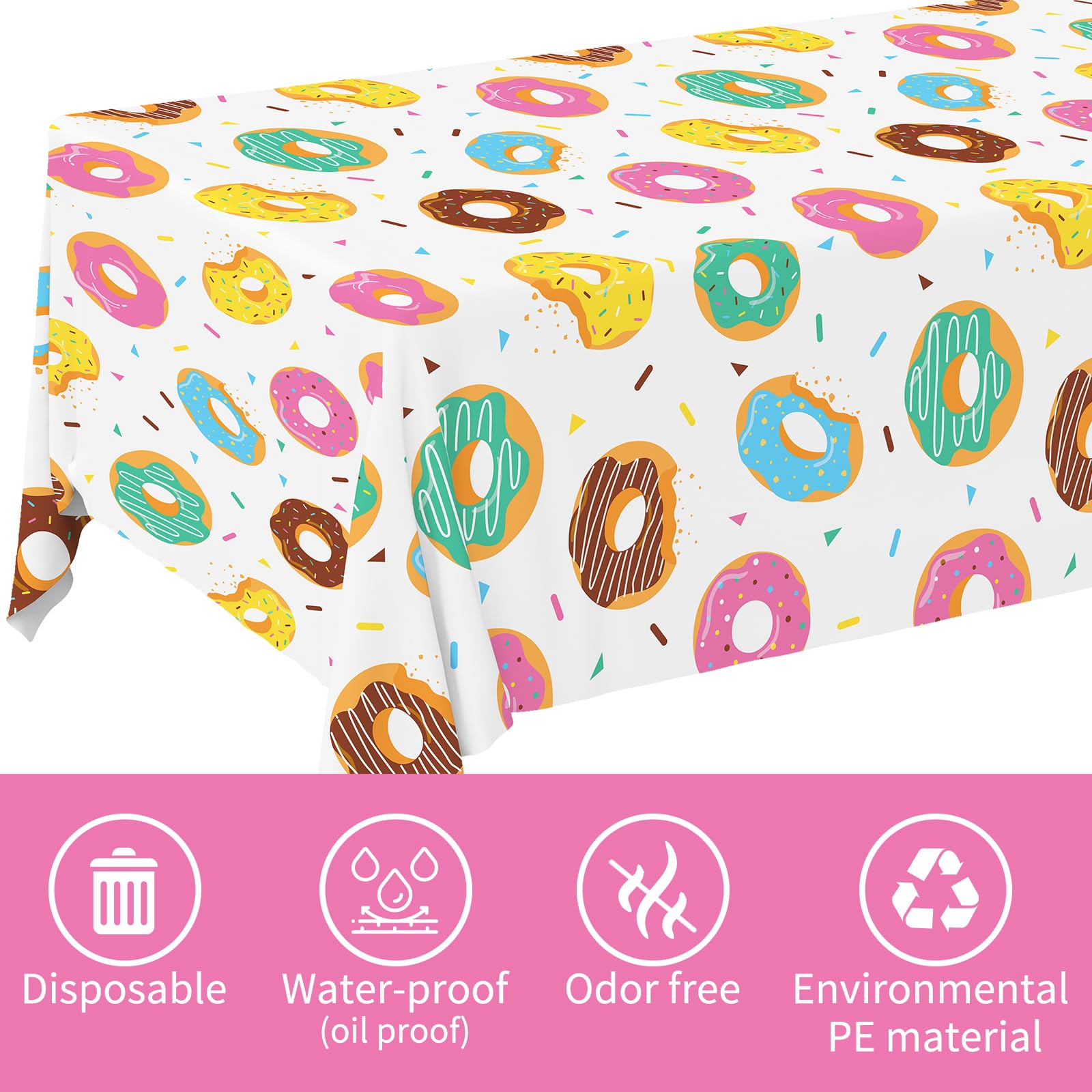 Gatherfun Donut Party Supplies - 2-Pack Donut Birthday Tablecloths (54 x 108 in) | Disposable Party Cover
