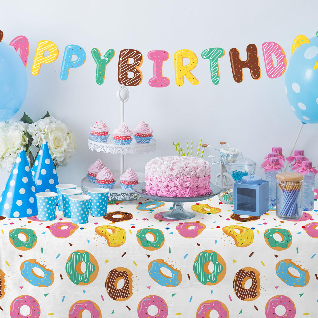 Gatherfun Donut Party Supplies - 2-Pack Donut Birthday Tablecloths (54 x 108 in) | Disposable Party Cover