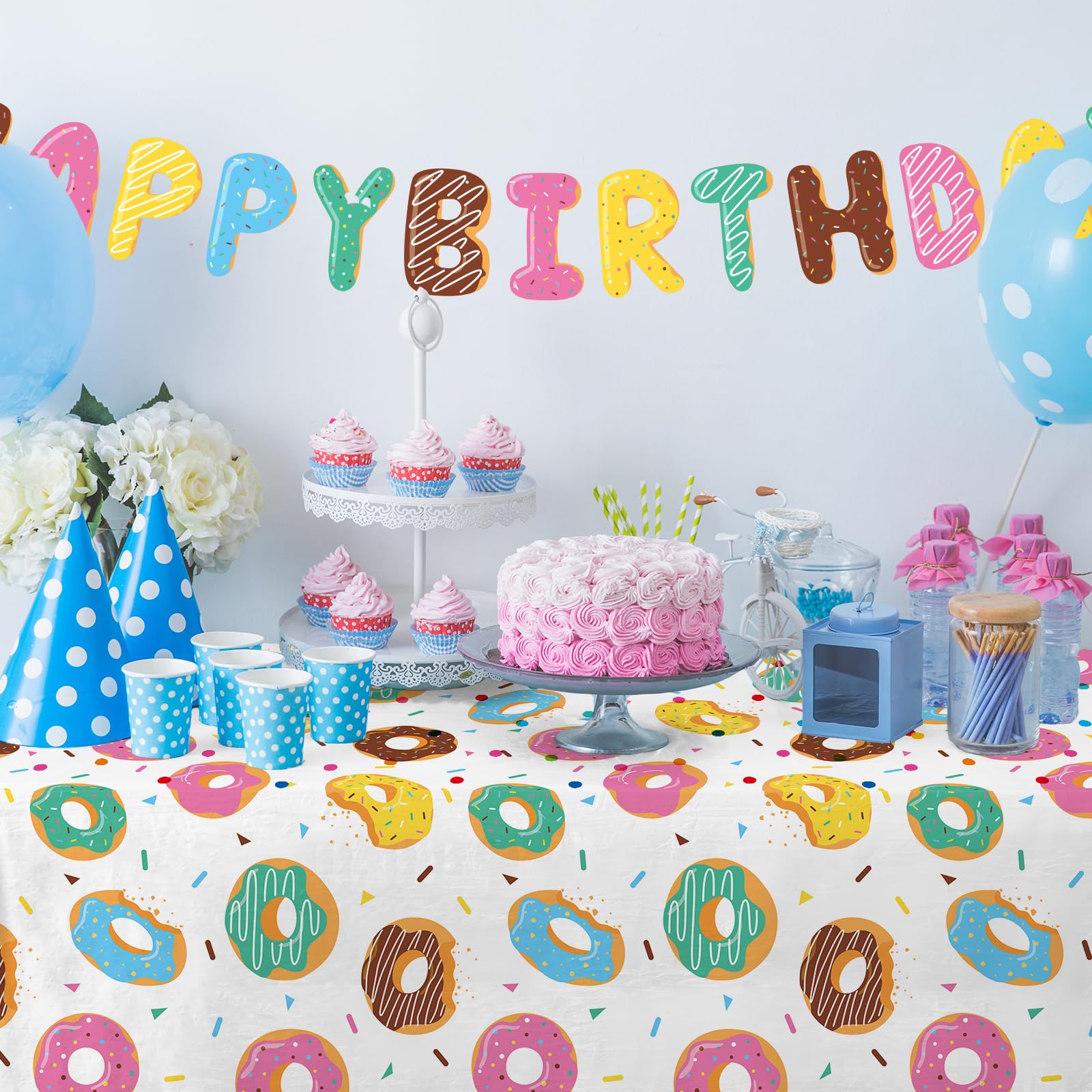 Gatherfun Donut Party Supplies - 2-Pack Donut Birthday Tablecloths (54 x 108 in) | Disposable Party Cover