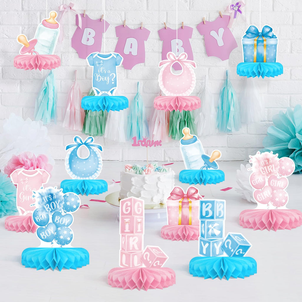 Gatherfun Gender Reveal Decoration Set — Honeycomb Centerpieces for Boy or Girl Baby Showers