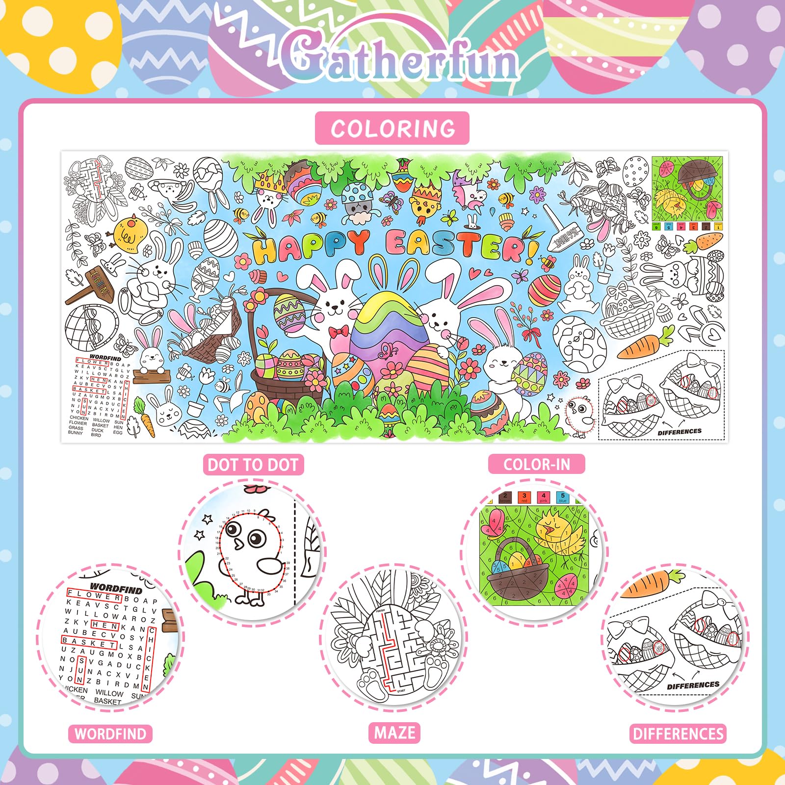 Gatherfun Easter Party Activity Poster — 31.5 x 72 in | Coloring Banner & Table Cover