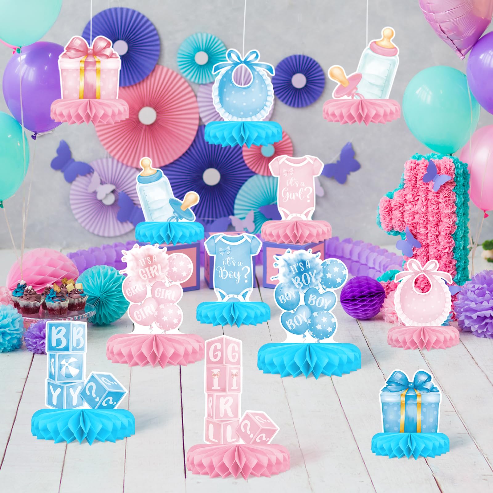 Gatherfun Gender Reveal Decoration Set — Honeycomb Centerpieces for Boy or Girl Baby Showers