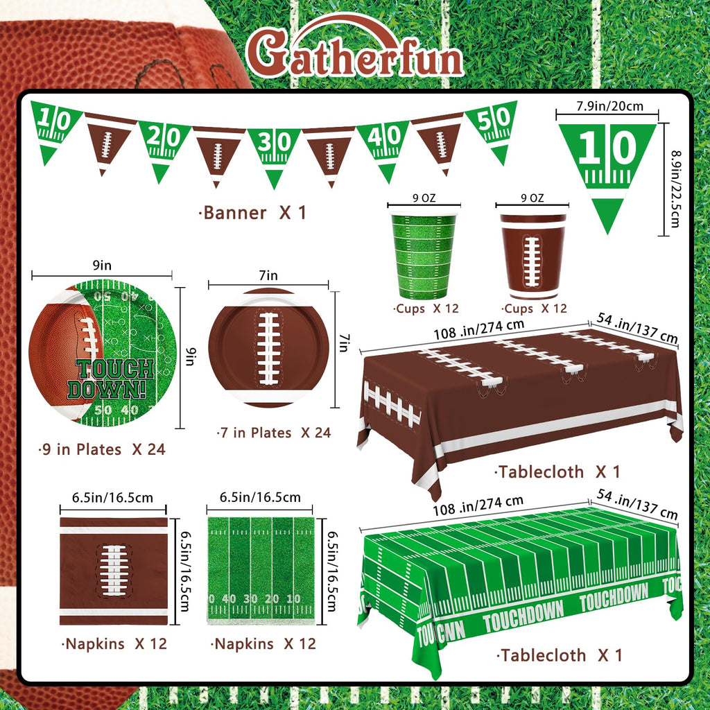 Gatherfun Football Party Supplies Kit – Serves 24 | Plates, Cups, Napkins, Banner & Tablecloth