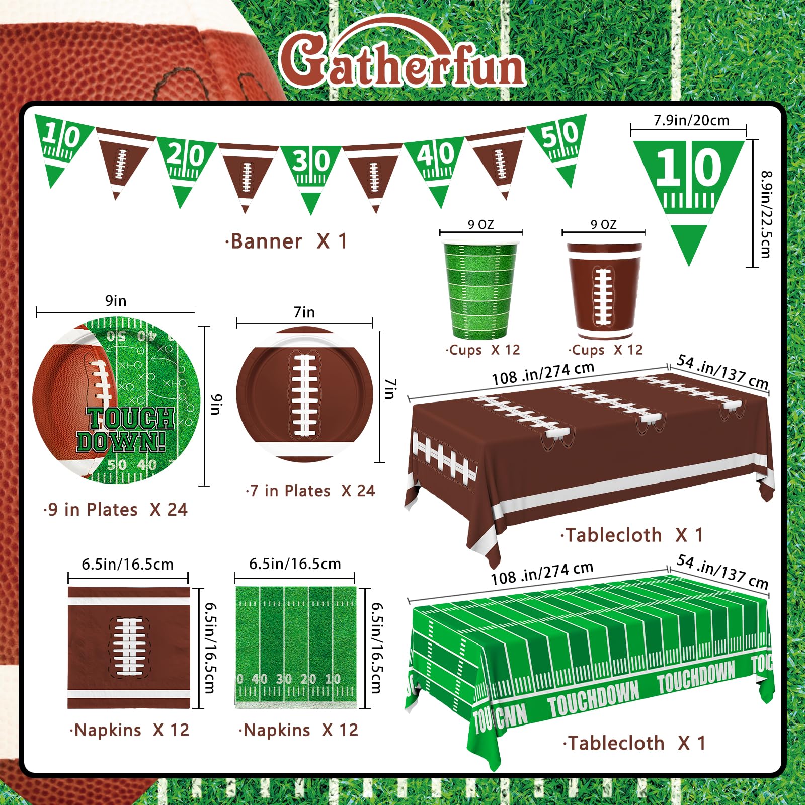 Gatherfun Football Party Supplies Kit – Serves 24 | Plates, Cups, Napkins, Banner & Tablecloth