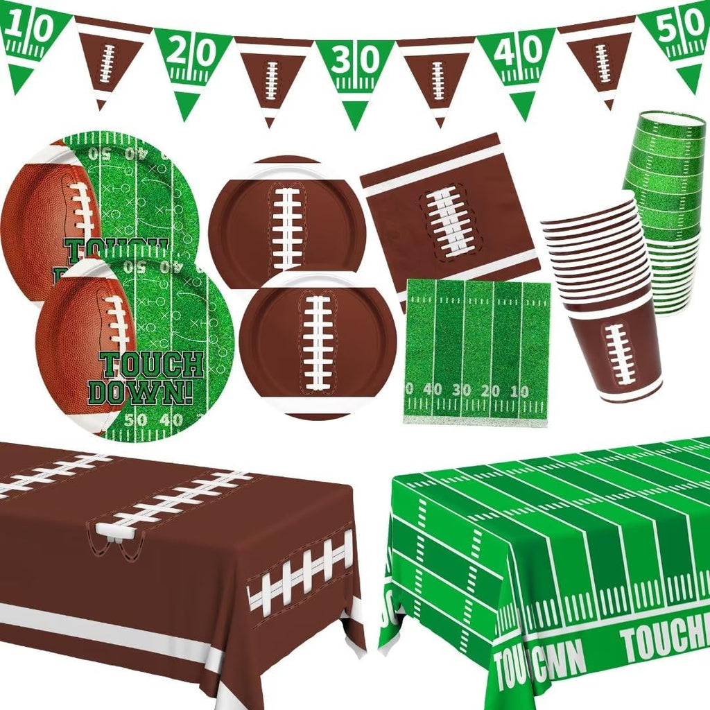 Gatherfun Football Party Supplies Kit – Serves 24 | Plates, Cups, Napkins, Banner & Tablecloth