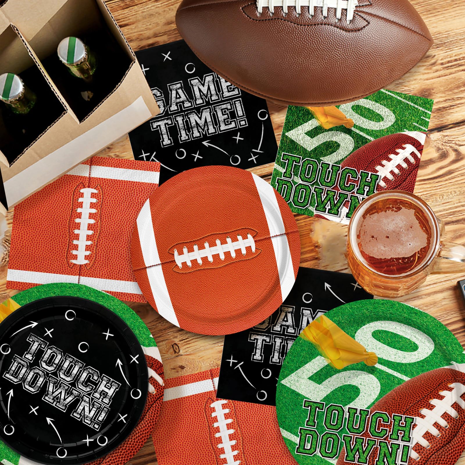 Gatherfun Football Party Decorations Kit for 24 | Plates, Cups, Napkins, Banner & Tablecloth
