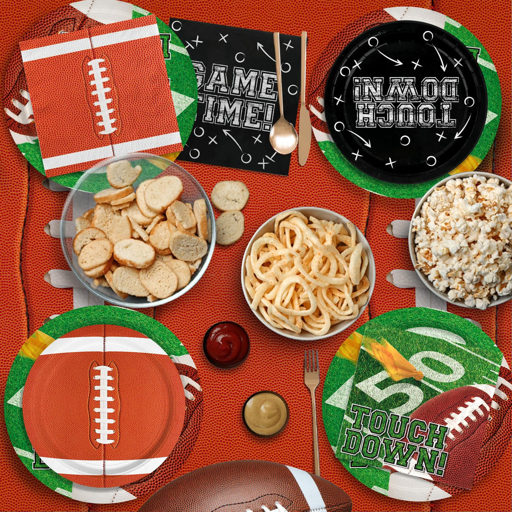 Gatherfun Football Party Decorations Kit for 24 | Plates, Cups, Napkins, Banner & Tablecloth