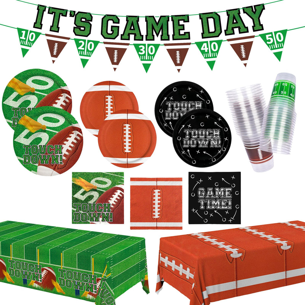 Gatherfun Football Party Decorations Kit for 24 | Plates, Cups, Napkins, Banner & Tablecloth
