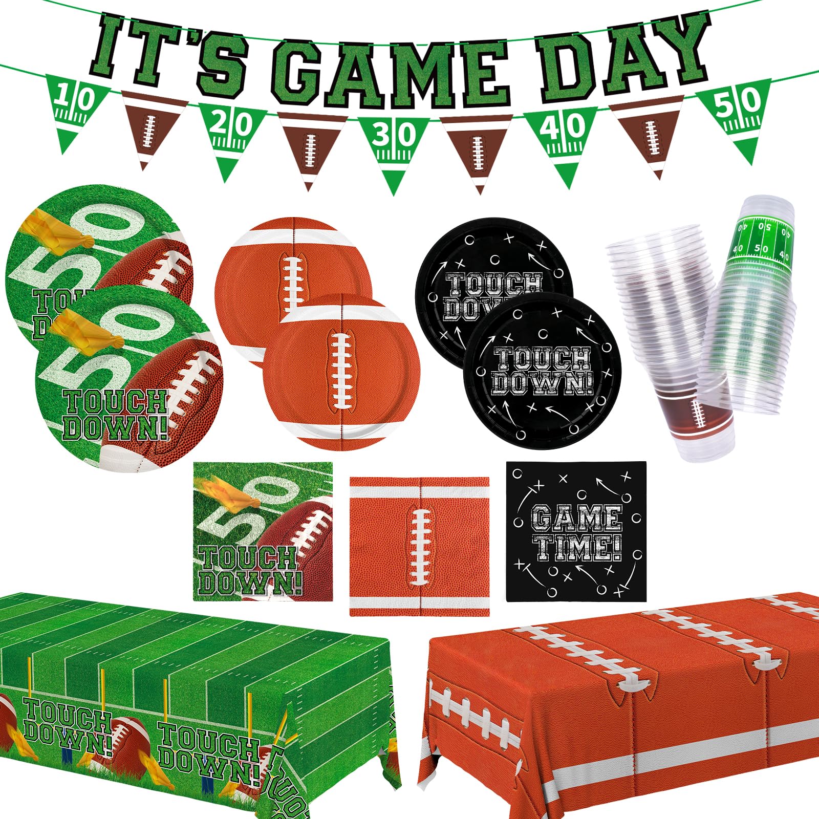 Gatherfun Football Party Decorations Kit for 24 | Plates, Cups, Napkins, Banner & Tablecloth