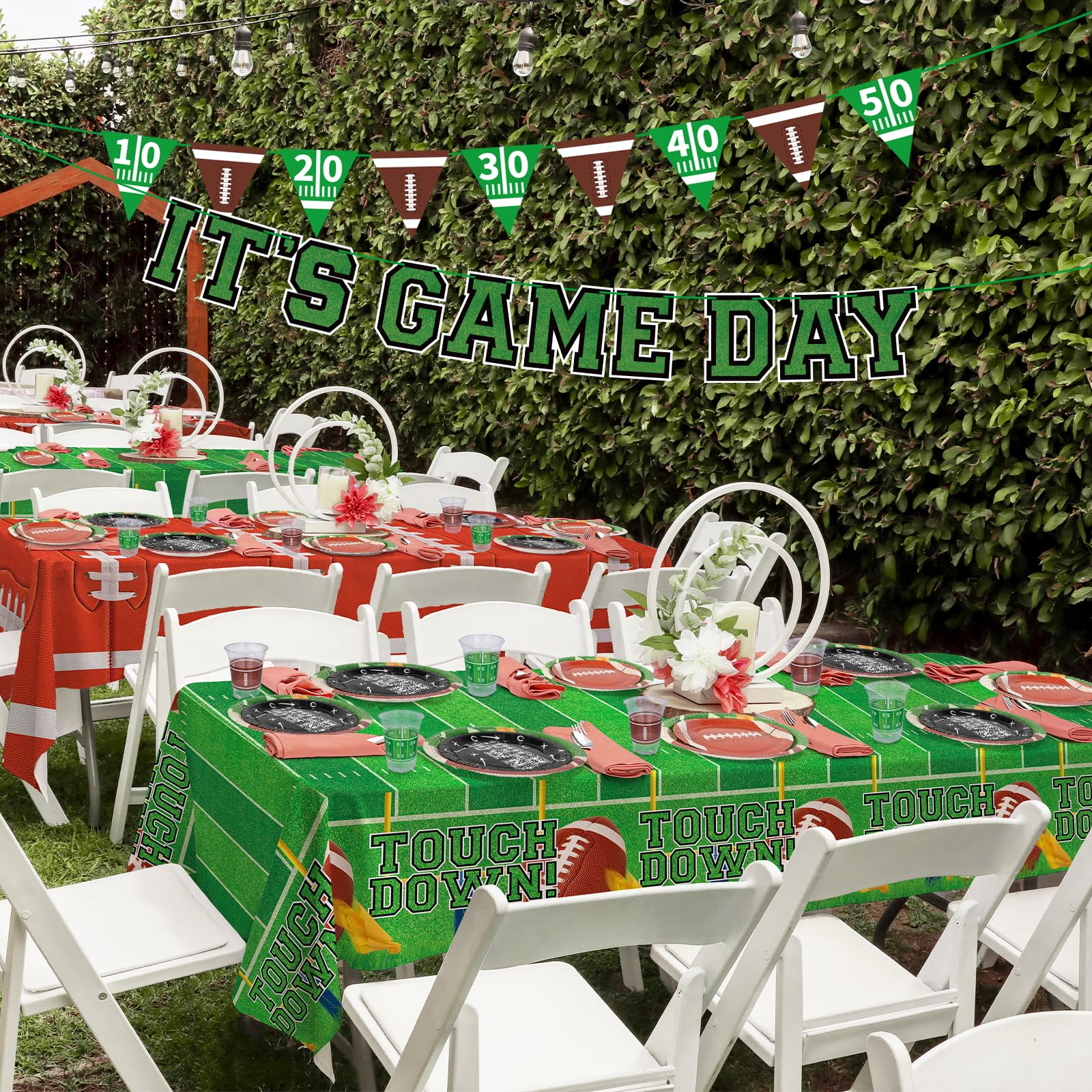 Gatherfun Football Party Decorations Kit for 24 | Plates, Cups, Napkins, Banner & Tablecloth
