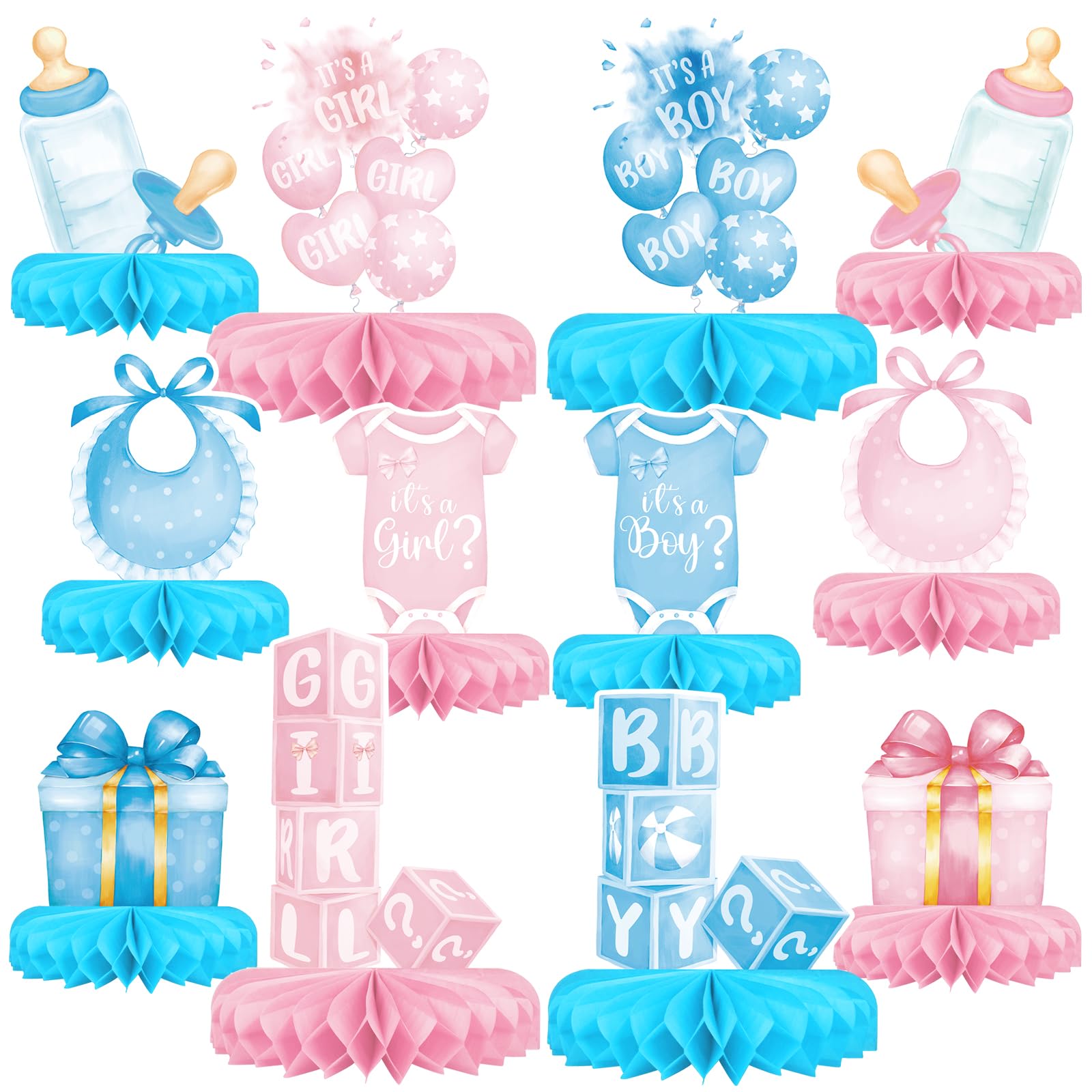 Gatherfun Gender Reveal Decoration Set — Honeycomb Centerpieces for Boy or Girl Baby Showers
