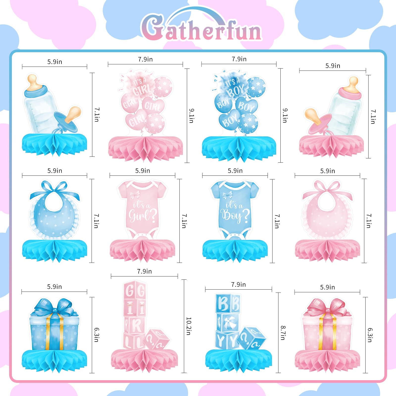 Gatherfun Gender Reveal Decoration Set — Honeycomb Centerpieces for Boy or Girl Baby Showers