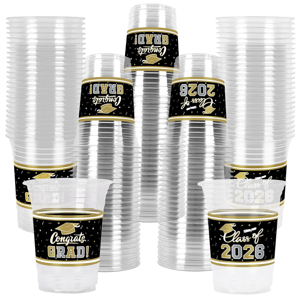 Gatherfun Graduation Decorations – 100 Pcs 16oz Black & Gold Graduation Cups for Grad Party