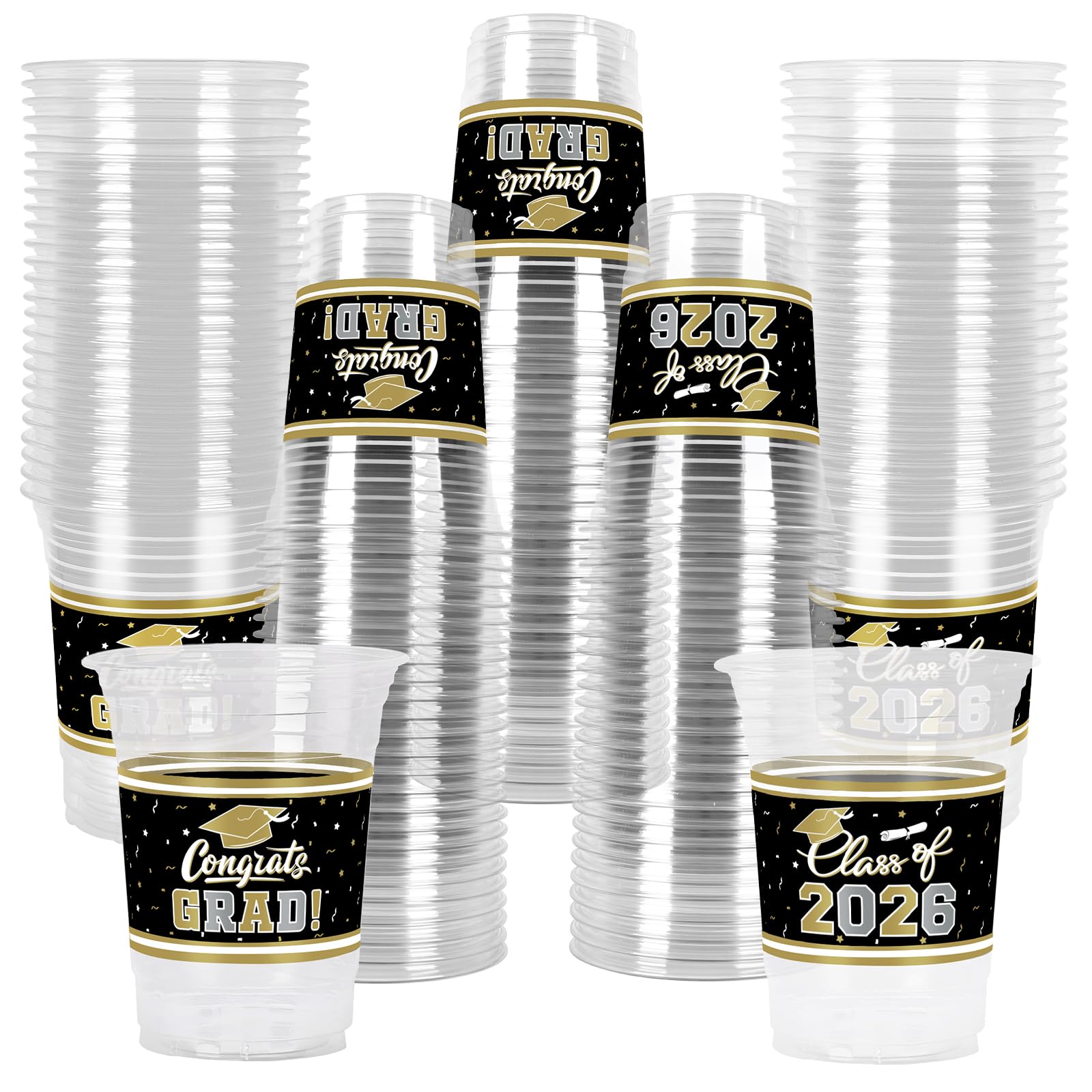 Gatherfun Graduation Decorations – 100 Pcs 16oz Black & Gold Graduation Cups for Grad Party