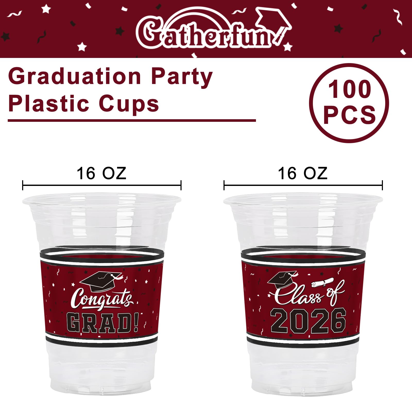 Gatherfun Class of 2026 Graduation Cups – 100 Pack, 16oz Maroon | Party Decor & Durable Drinkware