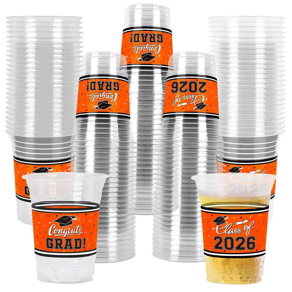 Gatherfun Class of 2026 Graduation Cups - 100 Pack, 16oz Orange Plastic Cups for Festive Party Service