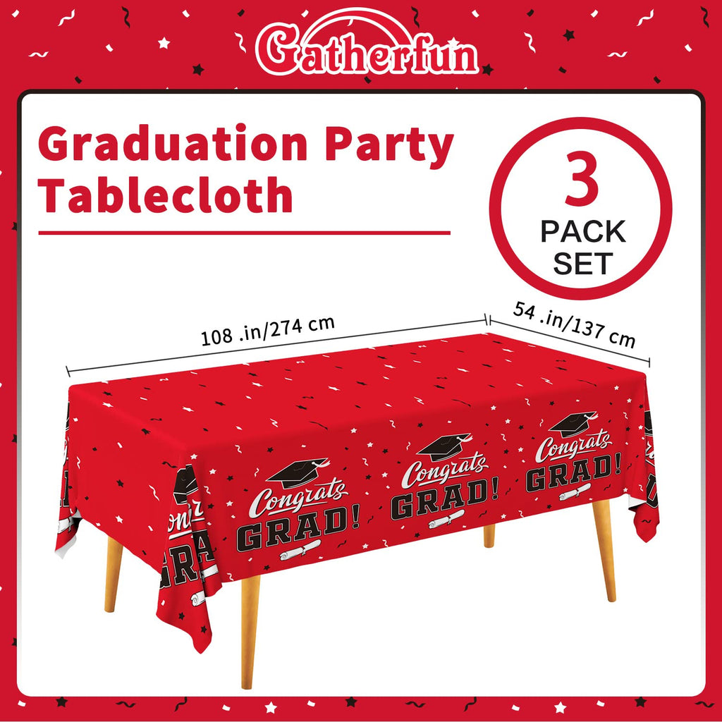 Gatherfun Graduation Table Cover - Class Red, 54 by 108 Inches, 3-Pack Disposable Tablecloths